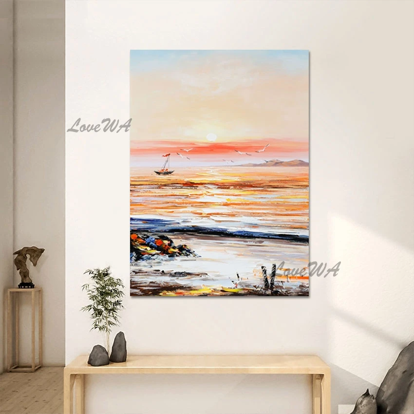 Beautiful Scenery Wall Painting Decor Picture Unframed Seascapes With Boats Canvas Draw Art Coastal Reef Abstract Oil Painting