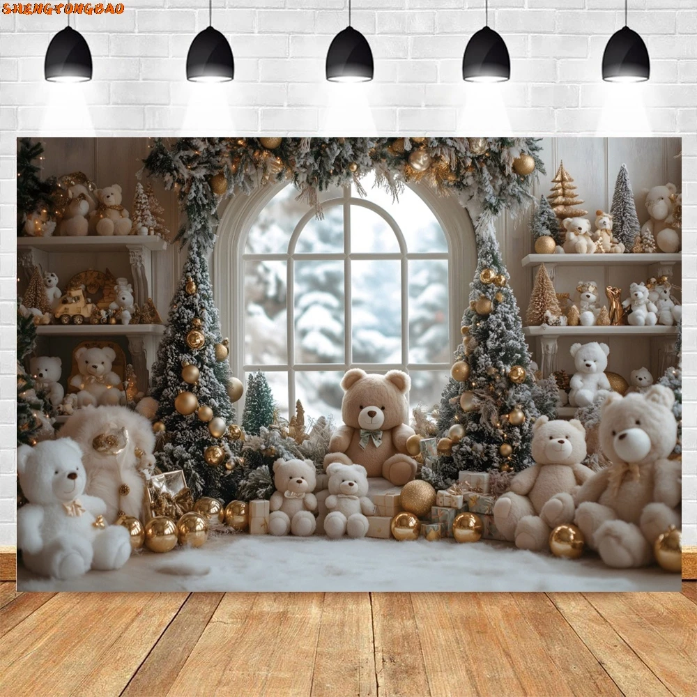 ฉากหลังคริสต์มาสของเล่นหมีตู้ภายในหน้าต่างของขวัญหิมะฤดูหนาวเด็กทารก Portrait Xmas Party การถ่ายภาพพื้นหลัง