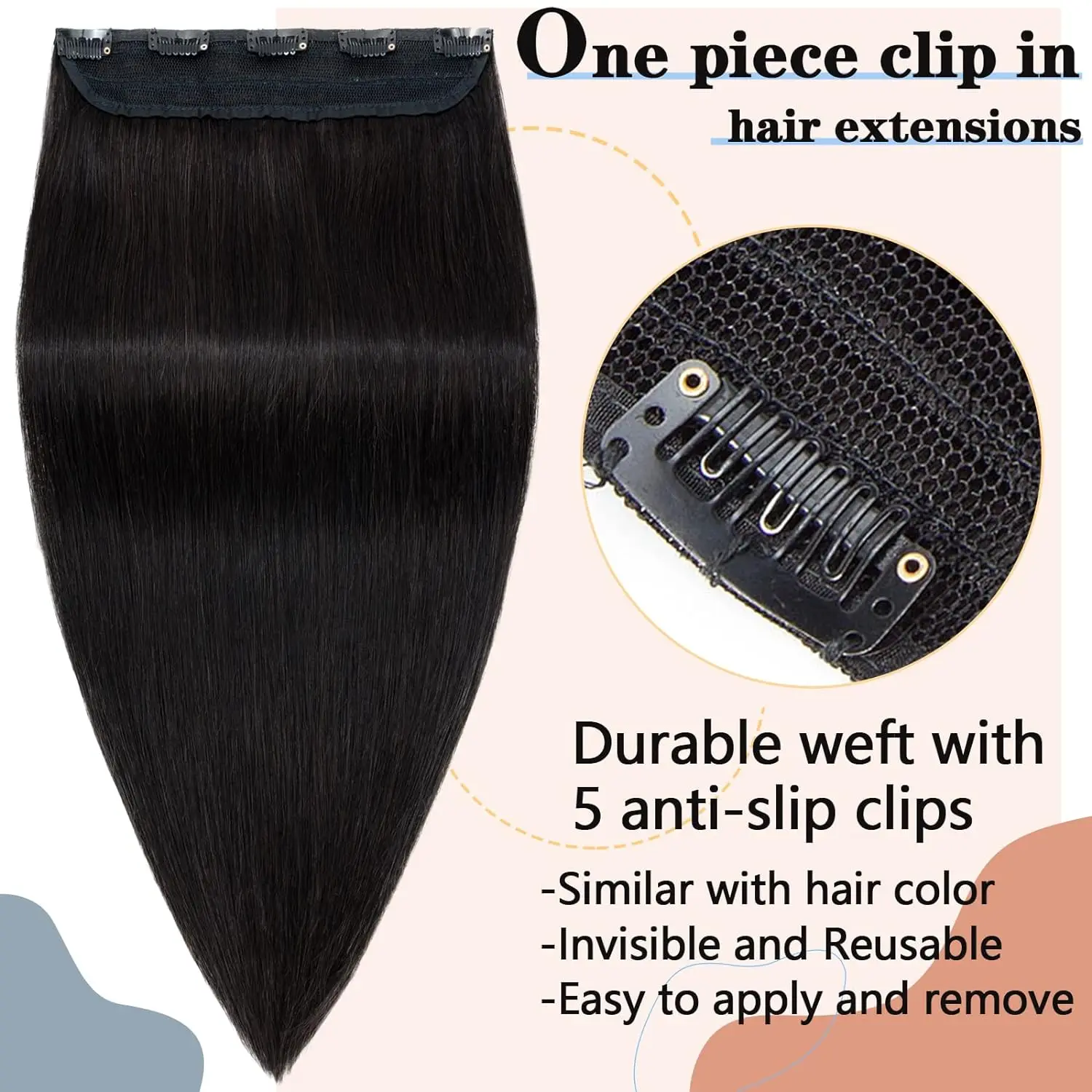 Extension de cheveux droite en une seule pièce, 5 clips, naturel, # 1B, 16-26 pouces, 3/4, tête complète, optique, doux, soyeux, salon, haute qualité