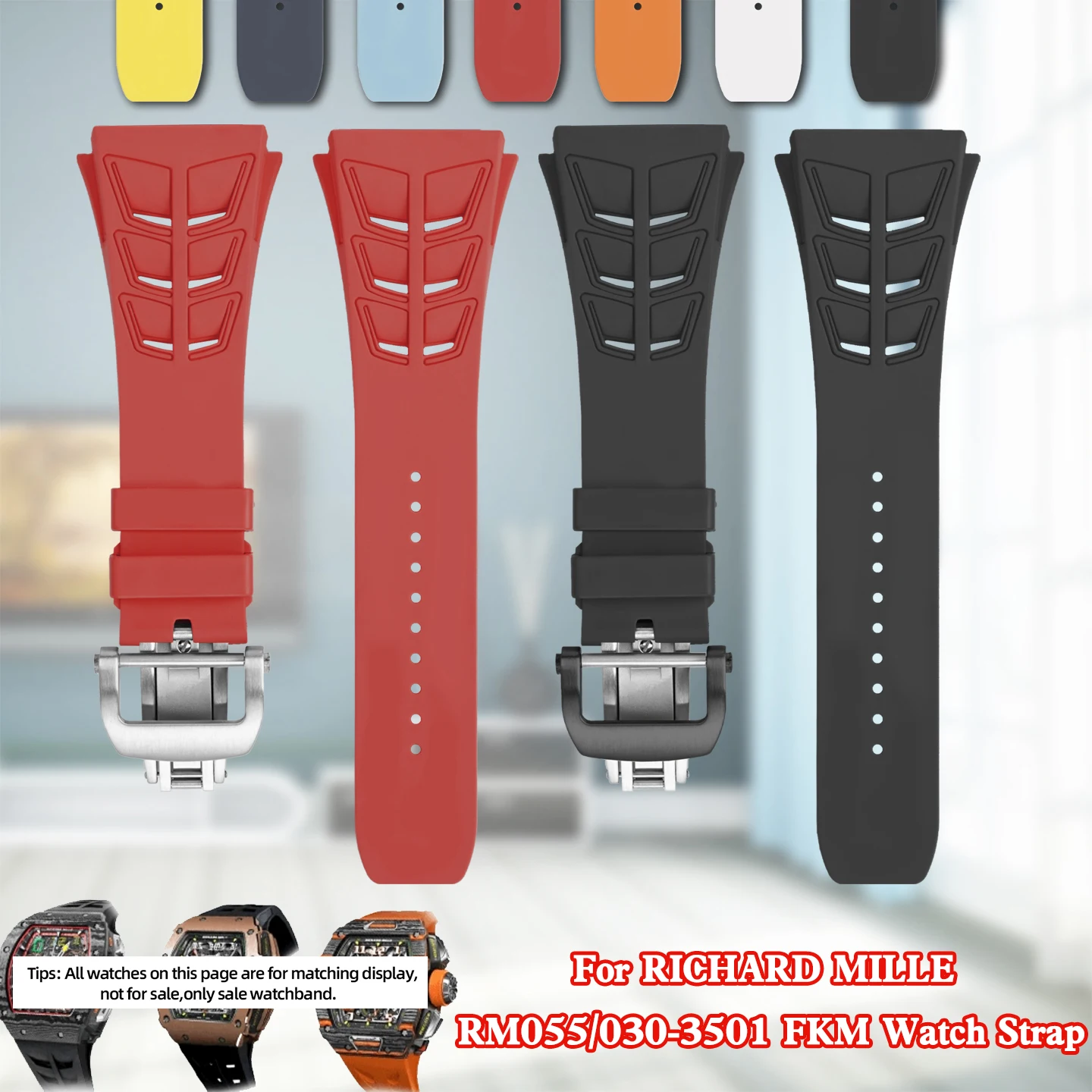 For RICHARD MILLE RM055 RM030 RM35-01 RM35-02 RM35-03 Sports FKM Watchband Waterproof Soft Fluororubber Watch Strap Convex 19mm