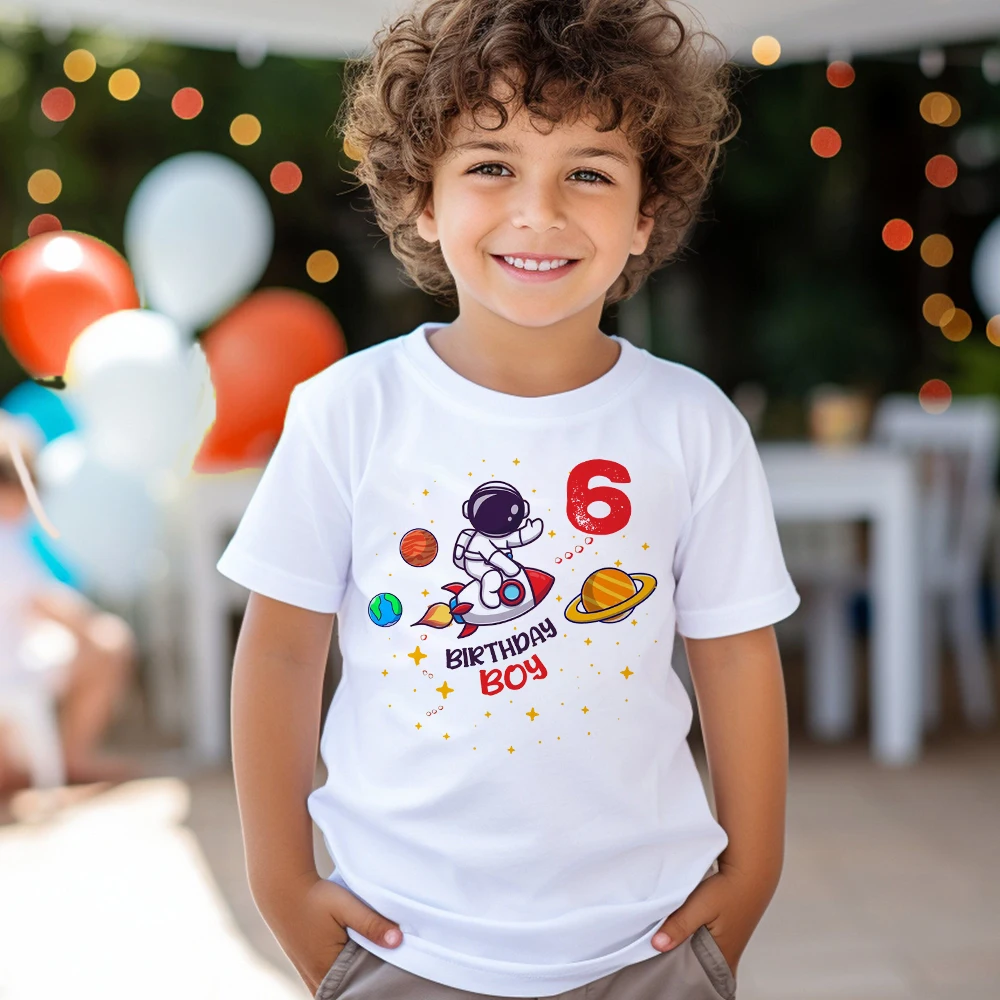 Astronaut Birthday Shirt Kids Birthday Party T-Shirt Boy Shirt Astronaut  Theme Tops Clothes Space Print Child Short Sleeve Tee