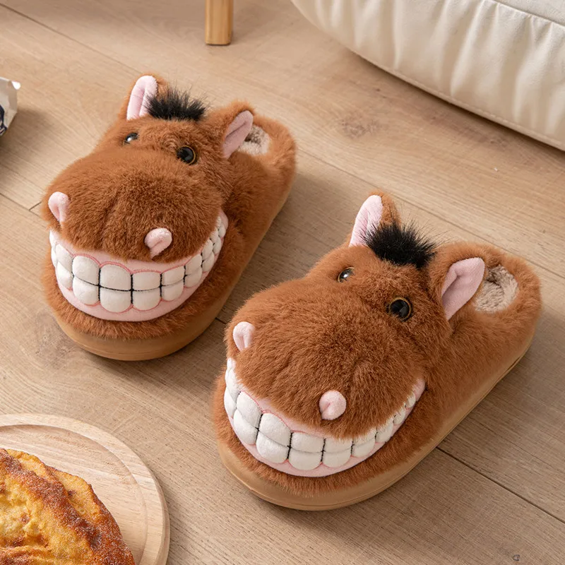 Cute Donkey Plush Slippers Winter Warm Furry Home Slippers Funny Cartoon Animal Non-slip Indoor House Shoes for Men Women