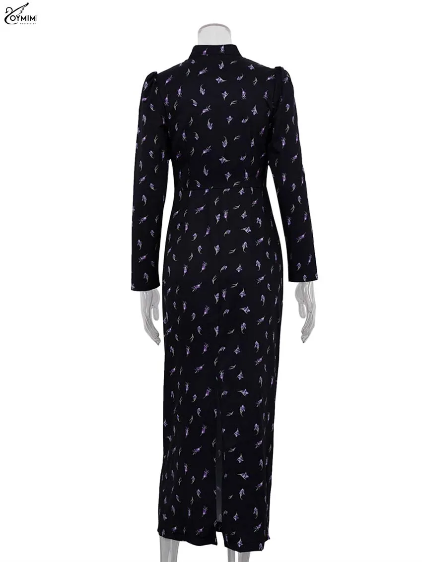 Oymimi Elegant Black Print Women's Dress Fashion Stand Neck Long Sleeve Lace-Up Dresses Casual Straight Ankle-Length Dresses