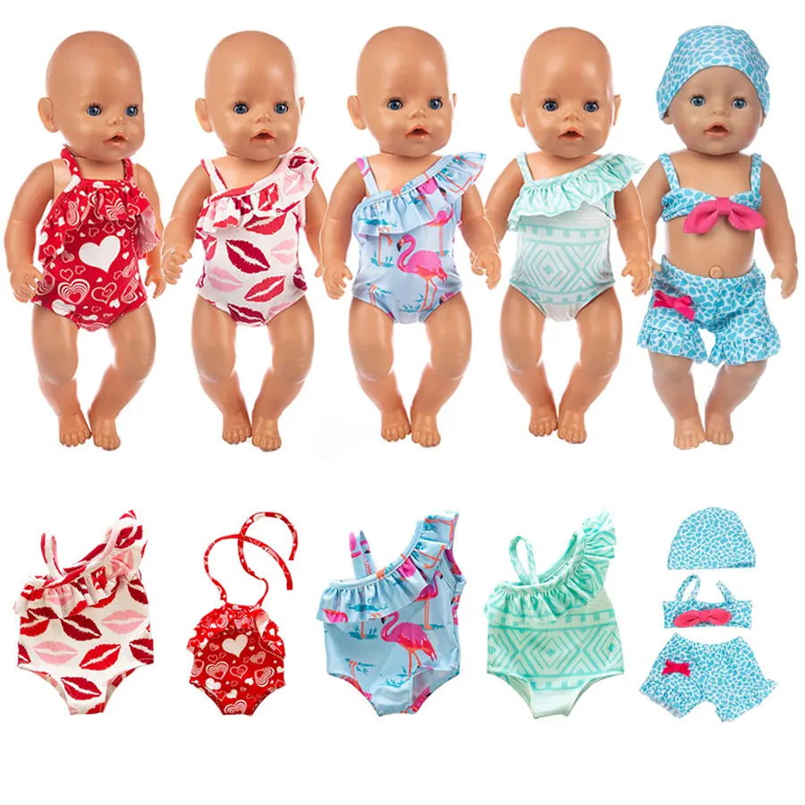 Cute Swimming Suit for 16-18Inch American Doll Sweet Heart Print Doll Swimsuit Clothes for 43Cm Newborn Baby Doll Kids Gift