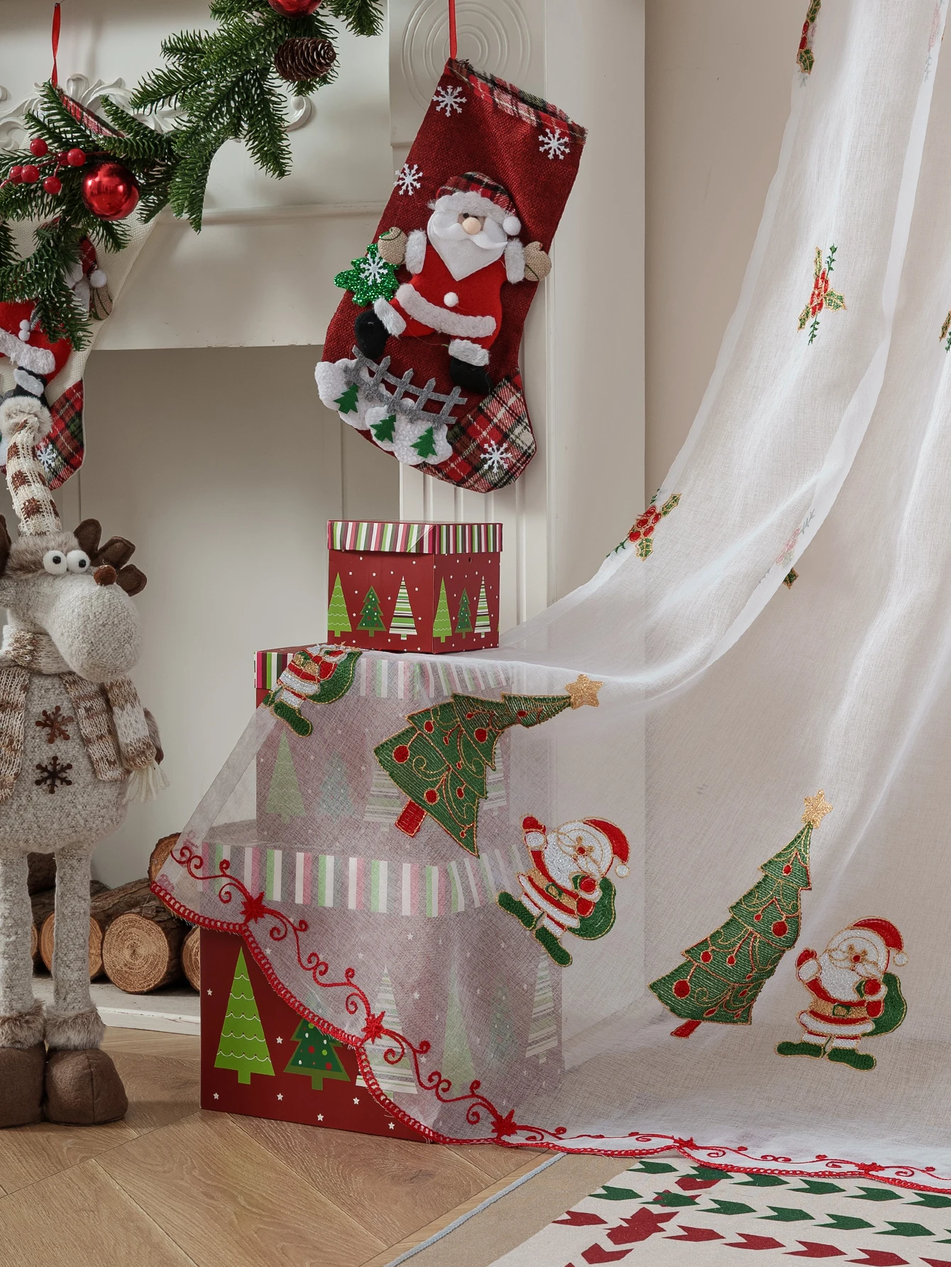 1 قطعة عيد الميلاد سانتا كلوز المطرزة شير القطب الستار لغرفة المعيشة غرفة نوم جو احتفالي ديكور نافذة العلاج