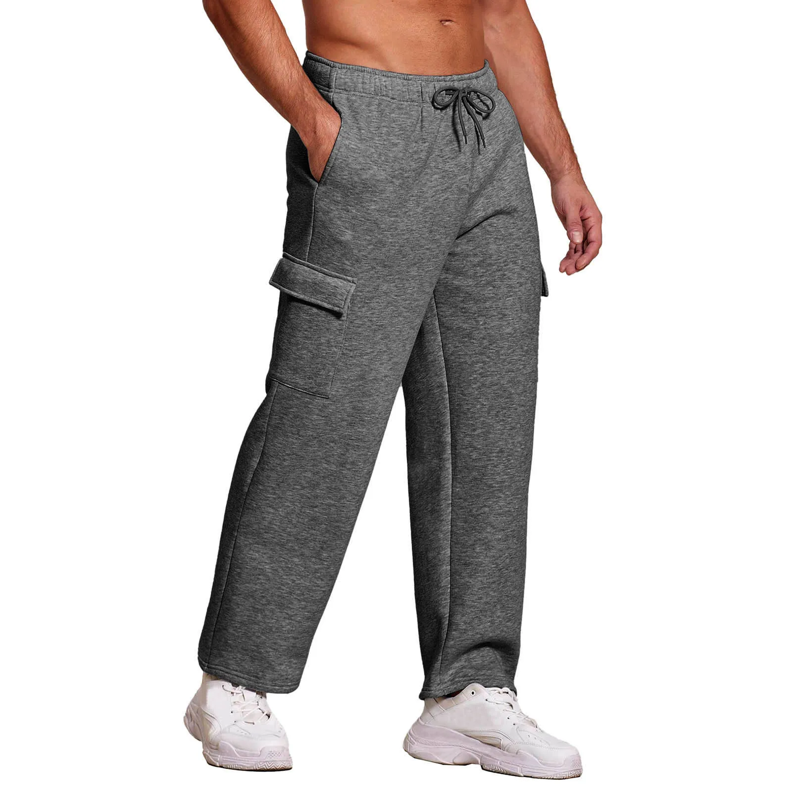 Men's Winter Thickened Fleece Lined Knitted Casual Pants Multiple Pockets Loose Fit Straight Leg Youthful Style  Color