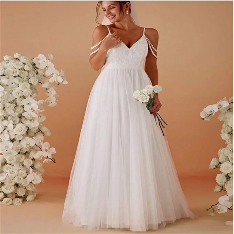 

V Neck Wedding Dress Boho A Line Simple Long Wedding Dresses Tulle Dresses Applique Lace Elegant Party Dress Customized