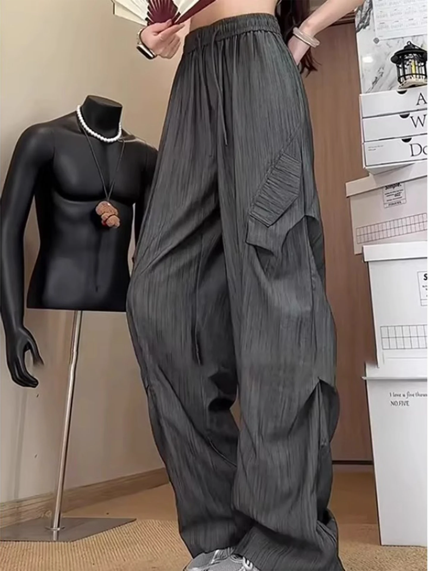 

Американские плиссированные рабочие брюки из ледяного шелка, мужские летние тонкие спортивные брюки на открытом воздухе, свободные прямые широкие брюки