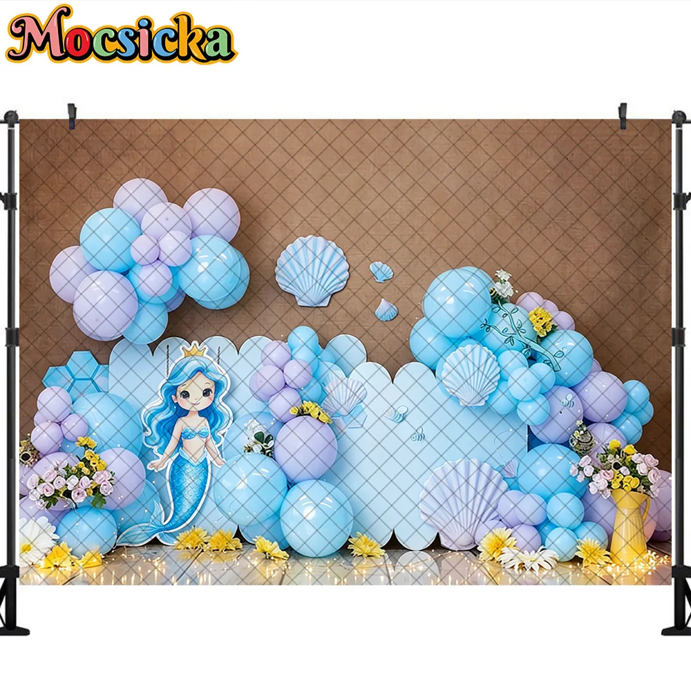 Mocsicka Photography Backdrop Purple Balloon Mermaid Theme Decoration Baby Shower Cake Smash Party Backgrounds For Photographs