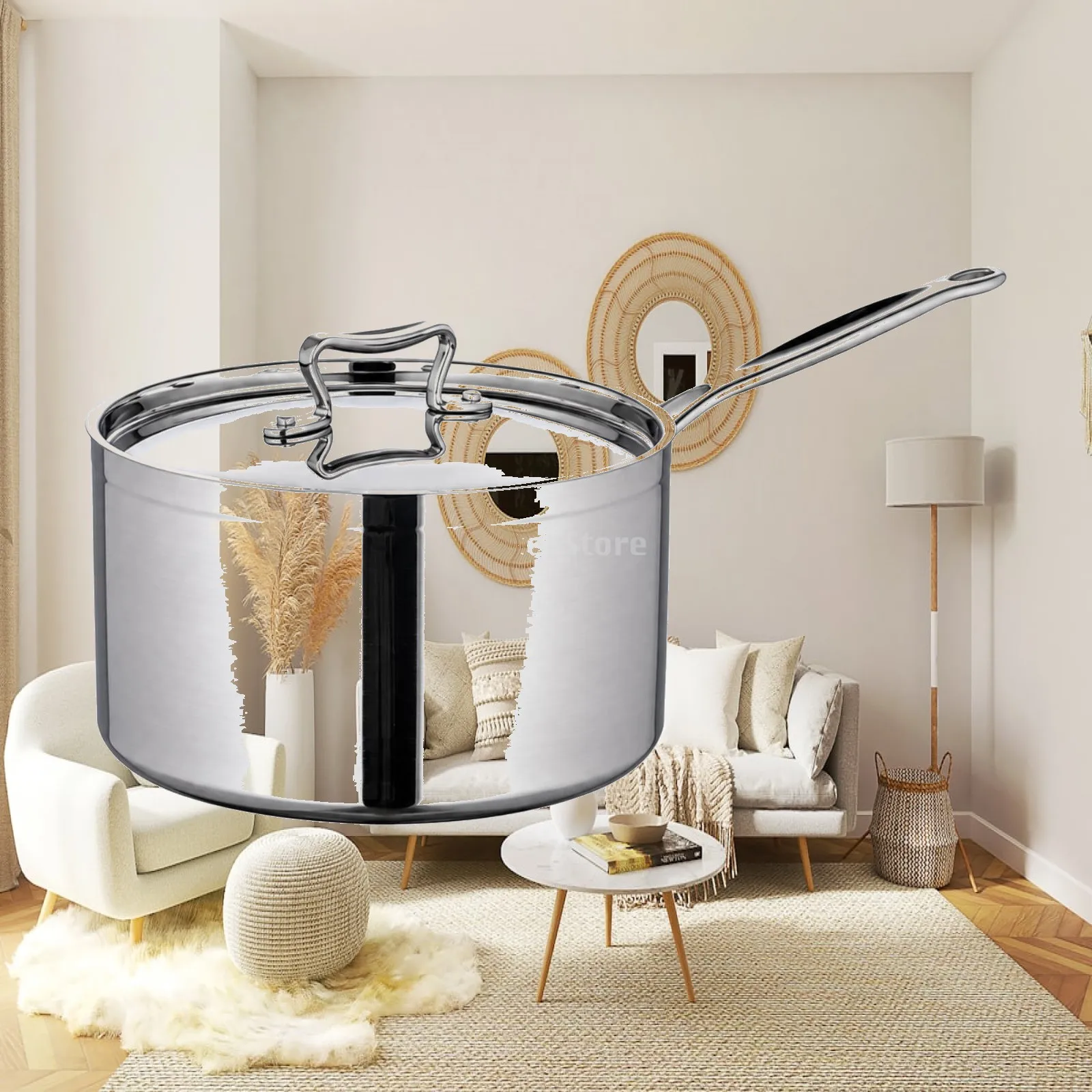 304 Stainless Steel Cooking Pot Deep Cylindrical Saucepan with Cover for Kitchen Stove Preparation of Sauces and Soups