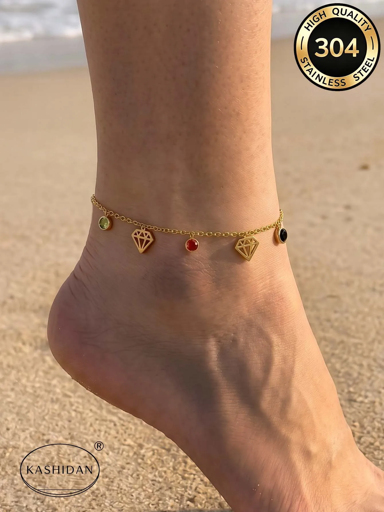 Trendiges Fußkettchen in Goldfarbe, Sommer-Strand-Fußschmuck, Regenbogen-Kristall, geometrische Anhänger