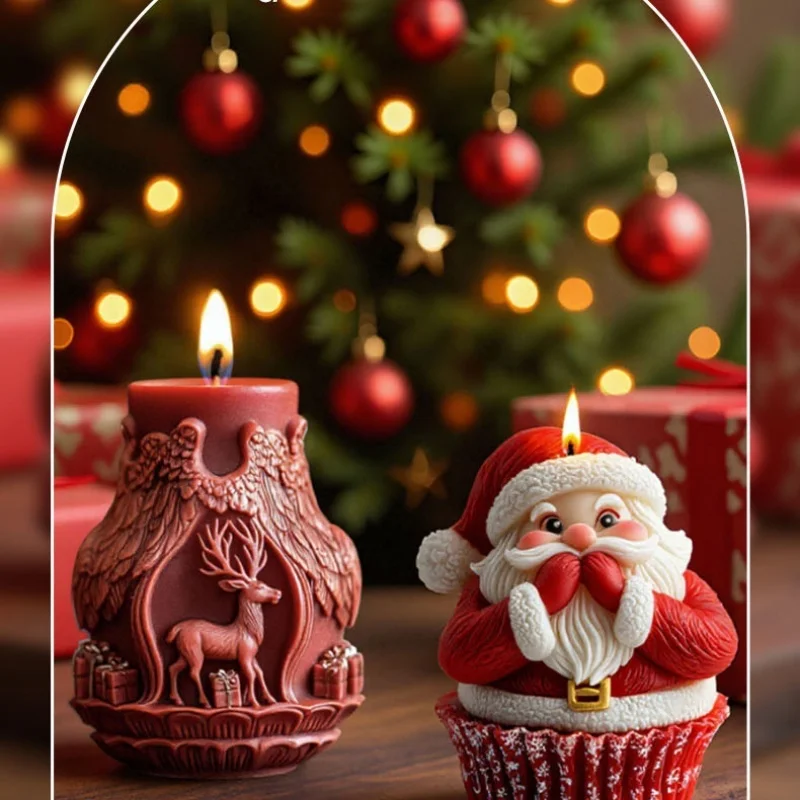 Handmade Decor DIY 3D Christmas Silicone Mold Apple Snowman Pinecone elk Shape For Aromatherapy Candle Making Xmas Atmosphere