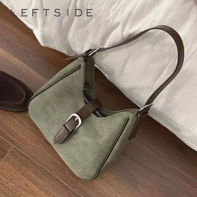 LEFTSIDE Belt Small Faux Suede Shoulder Bag for Women 2024 Winter Trend Y2K Handbags Females Luxury Desinger Underarm Bag