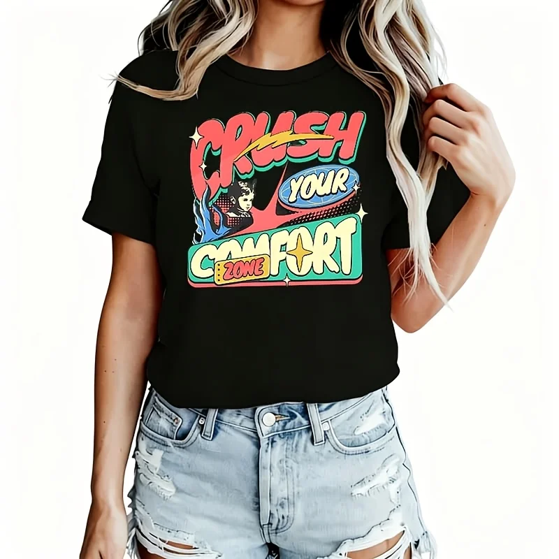 Crush Your Comfort Zone Women's T-Shirt 100% Cotton Funny Graphic Short Sleeve Tee Novelty Shirt Casual Crew Neck Top S-5Xl