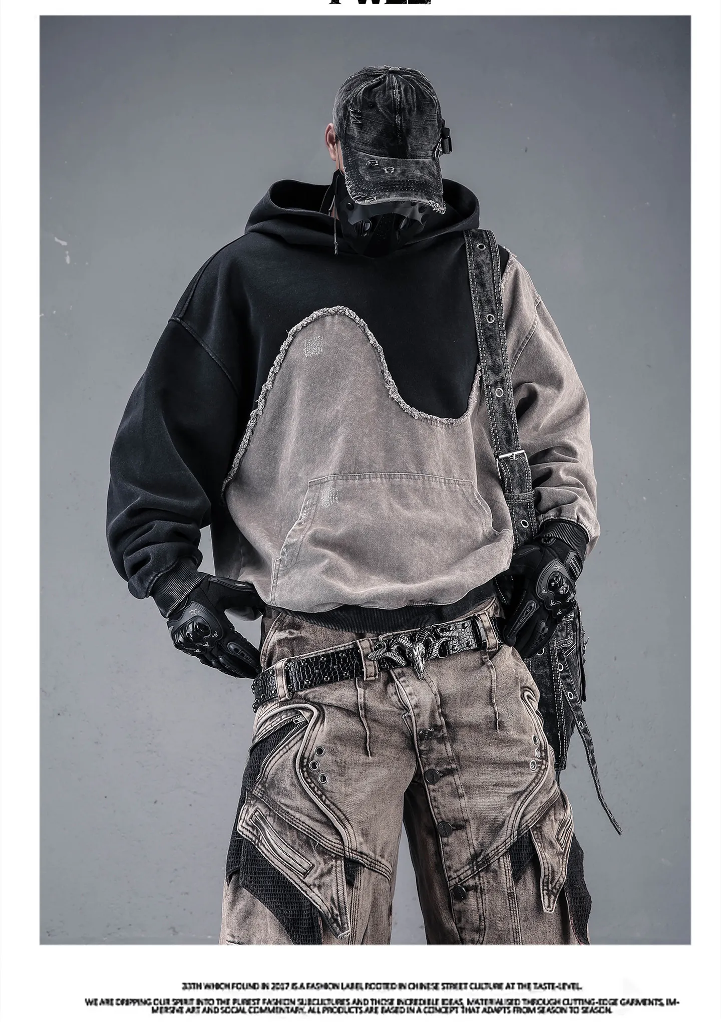 Contrast Color Patchwork Techwear Style Casual Hoodies Man Autumn Tactical Function Washed Distressed Design Long Sleeve Tops