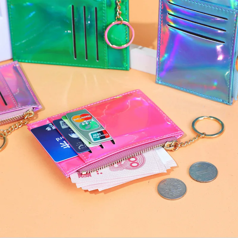 PU Leather Credit Card Bag Purse With Keychain Fashion Mini Colorful Laser Color Zipper Pocket Coin Cash Bus Card Organizer