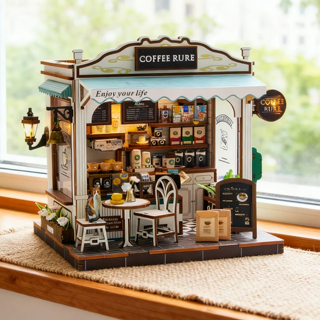 

OUZEY NEW Mini Cafe Dollhouse Kit, Detailed Interior DIY Model, Perfect Birthday Gift for Her & Best Friend