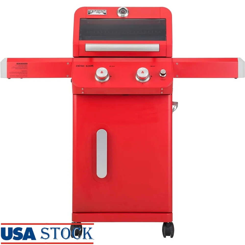 

2-Burner Stainless Steel Gas Grill with Clearview Lid Electronic Ignition Folding Shelves Hooks Temperature Gauge Outdoor BBQ