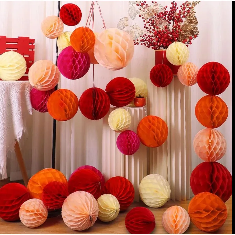 19pc Paper Honeycomb Flower Balls Pom‑poms, Hanging Tissue Paper Ball Ornaments for Party Background Decor