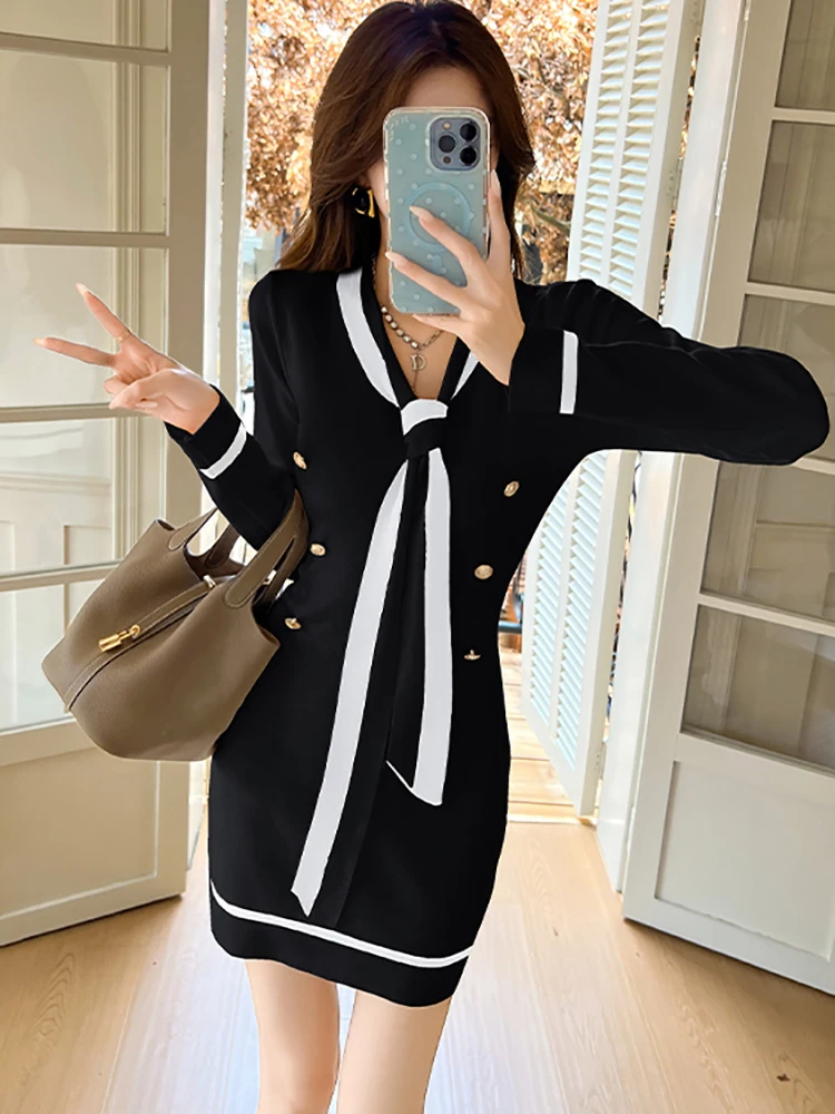 เดรสไหมพรมแขนยาวคอวีผูกโบว์ทรงมินิสำหรับผู้หญิง สไตล์เกาหลี ปี 2025  ชุดเดรสเข้ารูป  ชุดเดรสสำหรับงานเทศกาล  งานพรอม  ดีไซน์หรูหรา