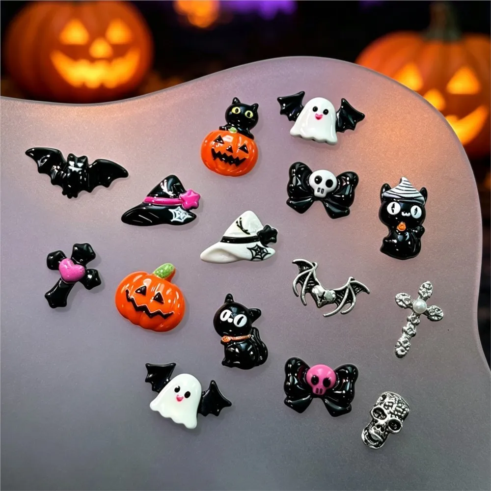 15grid/90pcs 3D Cute Halloween Pumpkin/Skull/Ghost/Cross Nail Gems Black Cat Bow Bat Nail Charms Resin Flatback Halloween Nails view 4