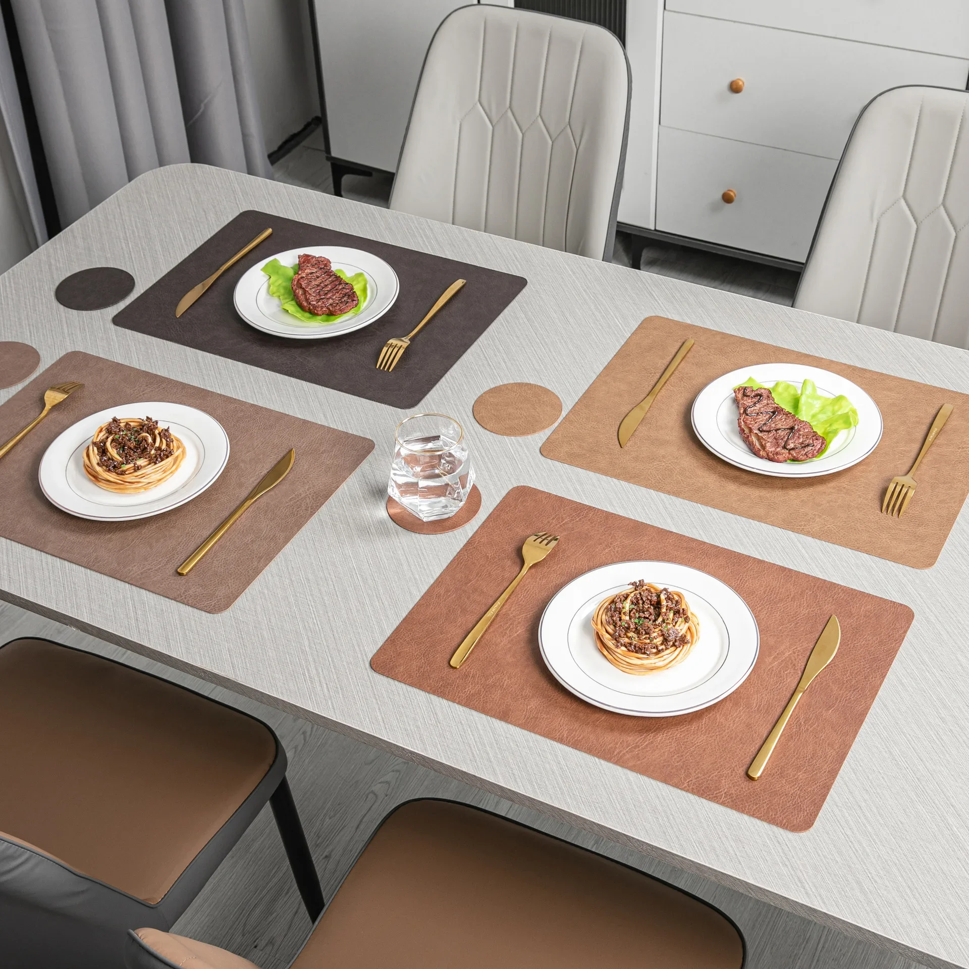 Popular cowhide pattern placemat, heat-proof, waterproof and oil-proof, square leather, thermal insulation pad