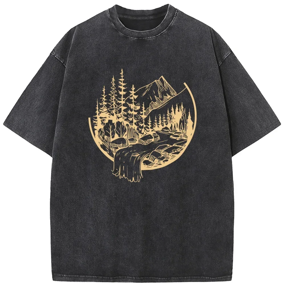 Outdoor Water Quality Men/Women Washed T-Shirt 230g Cotton Funny Bleached Tshirt Retro Hip Hop Bleach T shirt