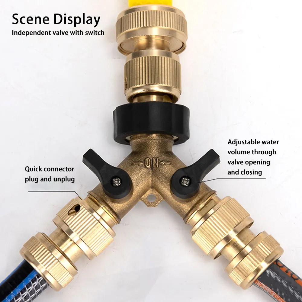 Brass 2‑Way Y Hose Splitter Tap Connector Independent Shut‑off Valve Quick Connect for Garden Water Irrigation
