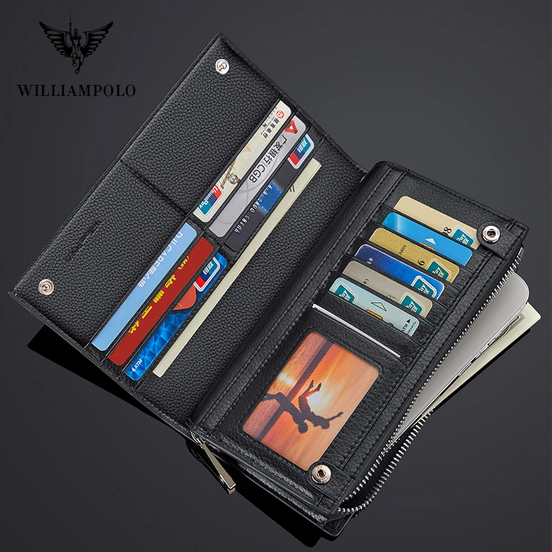 WILLIAMPOLO Men\'s Wallet Long Style 100% Cow Leather Fashion Business High Quality Clutch Wallet Card Holder Coin Zipper Purse