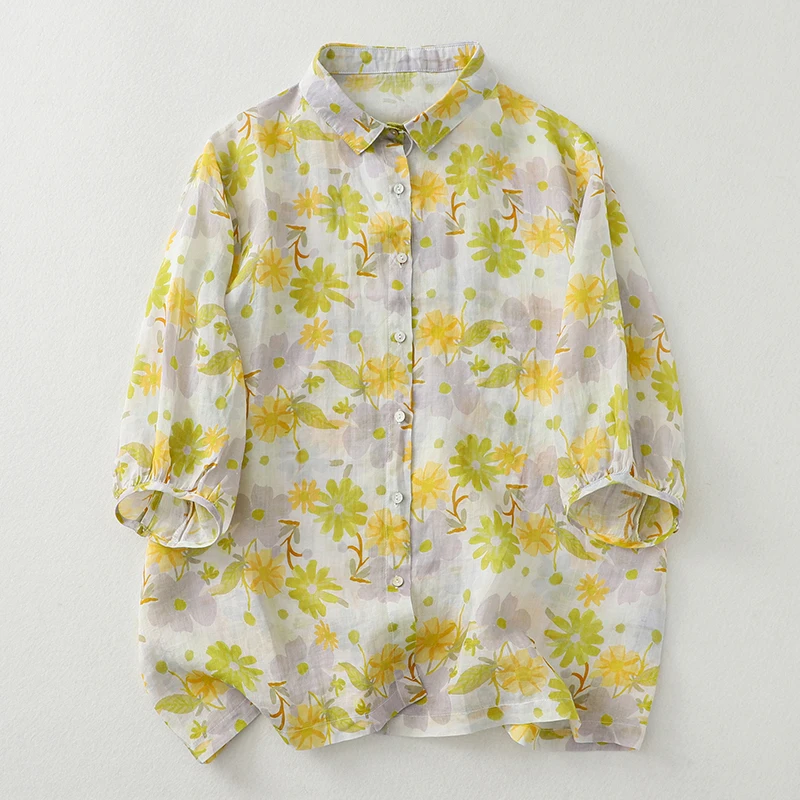 صيف جديد طباعة الأزهار رقيقة القطن البوليستر مزيج المرأة فضفاضة كبيرة الحجم طوق ortsve irt تخفيف Sle Regu... #2