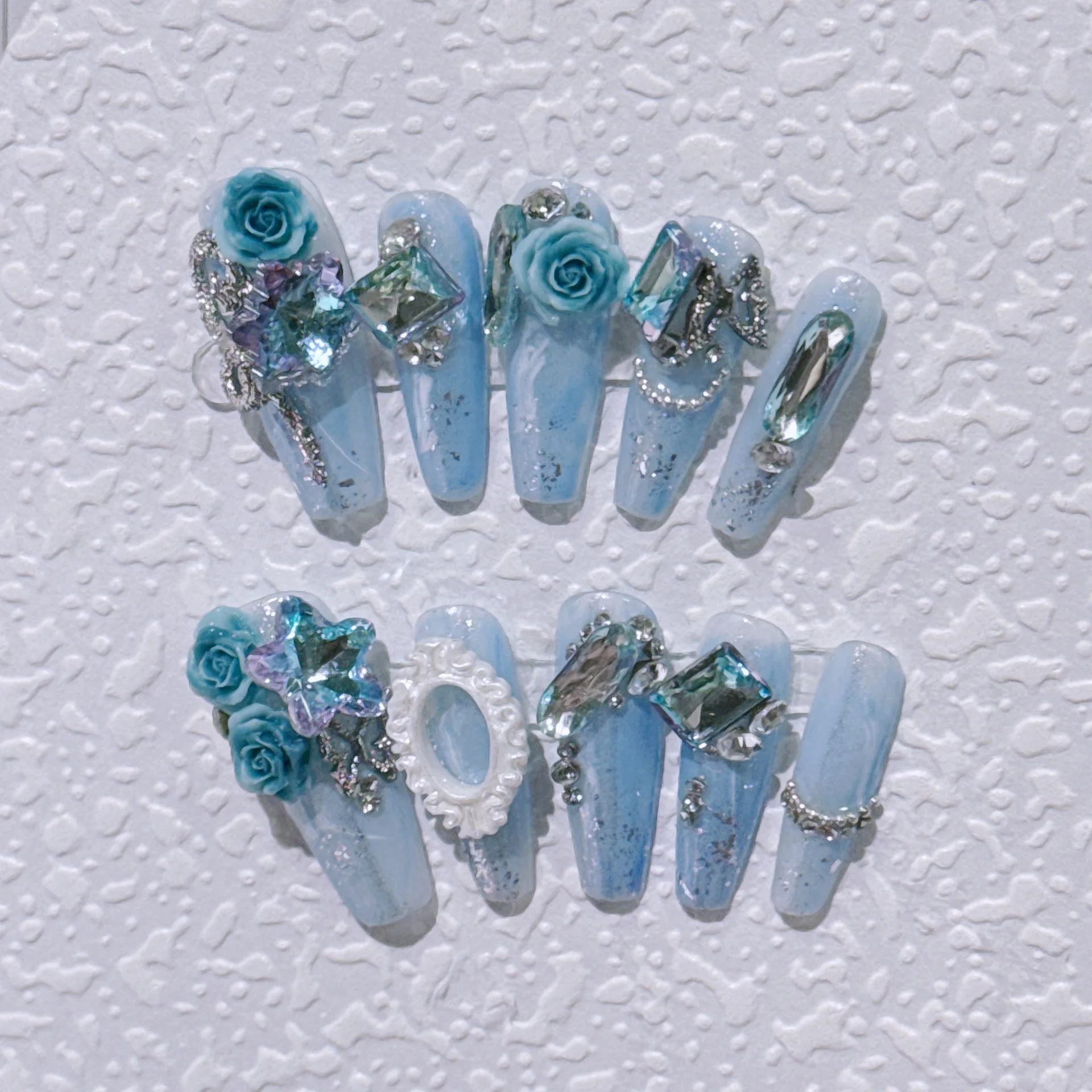 Uñas postizas largas hechas a mano, 10 piezas, 3D cubierta completa, flor, purpurina, diamante, Phoframe, prensa en puntas de uñas, manicura usable