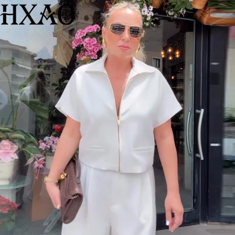 

HXAO Women's Jackets Cropped White Jacket Sweatshirt With Zipper Short -Sleeved Jacket Summer Casual New In Varsity Jackets