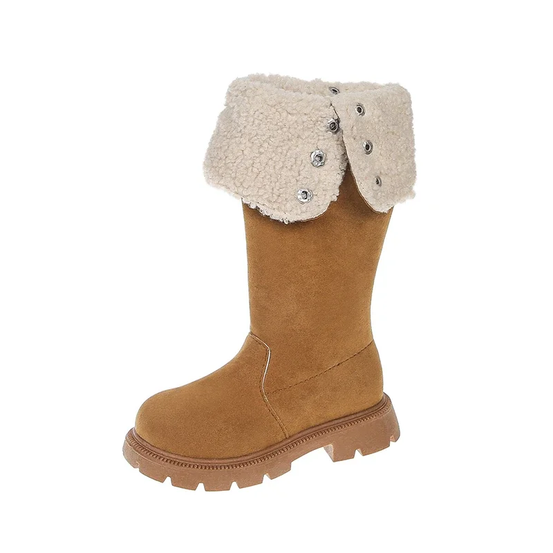 Botas altas de invierno para niñas, con exterior de imitación de ante, puño de forro polar plegable con botones, forro interior de felpa, cremallera interior y suela gruesa para la nieve.