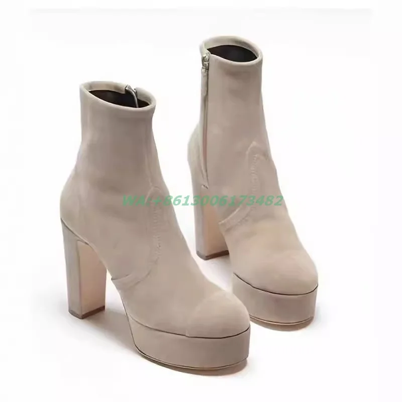 design women High platform block heel ankle boots round toe stretch leather side zipper chunky high heel platform short boots
