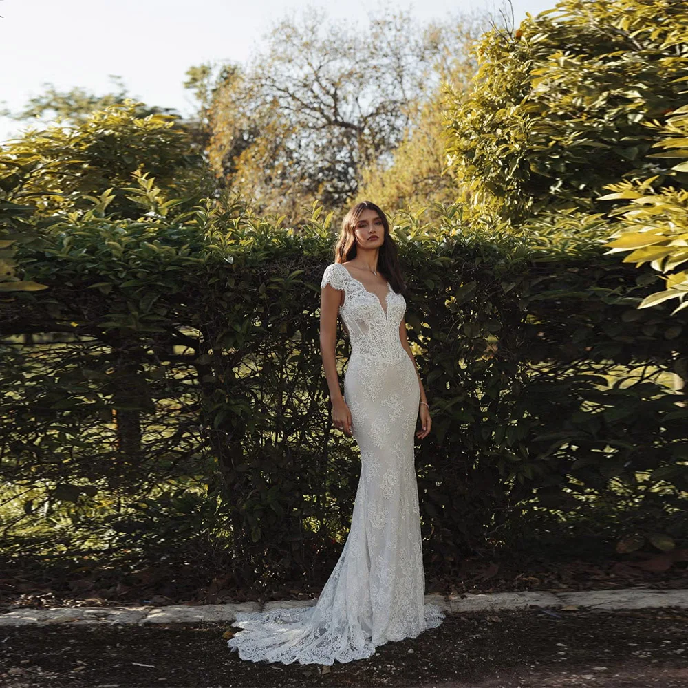 Customized Trumpet Wedding Dress Sexy Bridal Appliques V-neck Brush Train Lace Cap Sleeve Floor Length Dress Sexy Illusion 2025