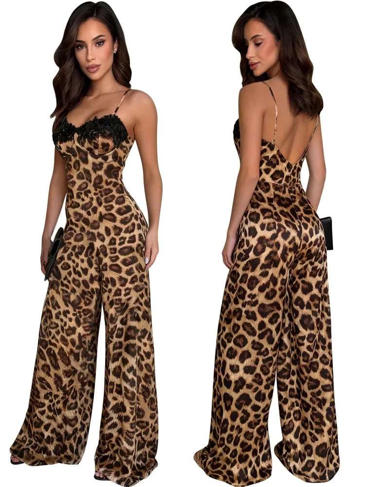 ليوبارد طباعة الدانتيل النساء حللا للصيف السباغيتي حزام فضفاض موضة الشارع الشهير وزرة بنطال ذو قصة أرجل واسعة بنطلون 2025