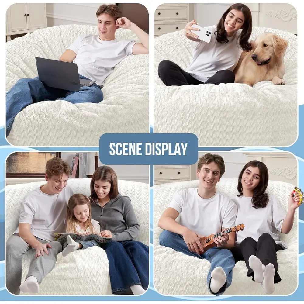 كراسي بين باج كبيرة للبالغين مع غطاء من القطيفة من إسفنج الذاكرة وشيفرون - أبيض #6