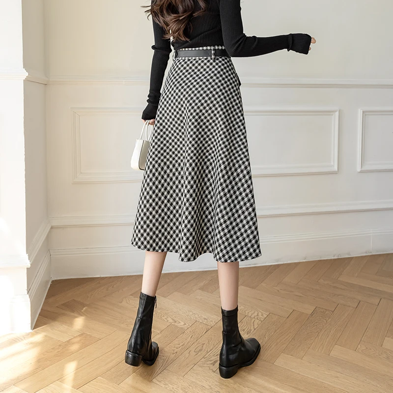 Ladies Elegant Fashion Large Hem Woolen Cloth Long Plaid Skirt Women Clothes Girls Skirts Chic Casual Faldas Largas BPAN5035-1