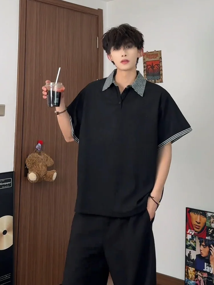 

Летняя мужская футболка с коротким рукавом, в клетку, с контрастными вставками, из плотного полиэстера, в повседневном стиле преппи, модная