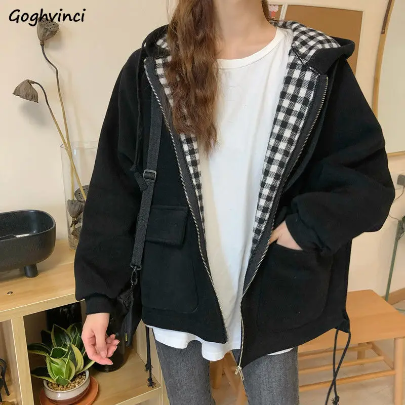 

Jackets Women Plaid Hooded Chic Daily Outwear Coats Casual Ins Loose All-match 2XL Harajuku Teens Streetwear Bomber Retro BF New