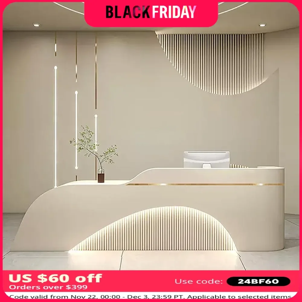 Reception Desk - Modern Reception Desk Counter Desk with LED Light Strips & Easy To Clean  for Store Shop Clinic Office