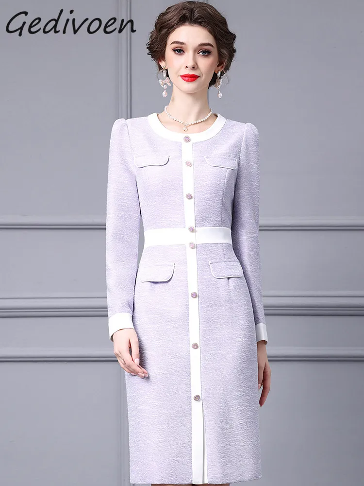 Gedivoen Autumn Fashion Designer Light Purple Vintage Party Dress Women O Neck Button Pockets High Waist Slim A-LINE Long Dress