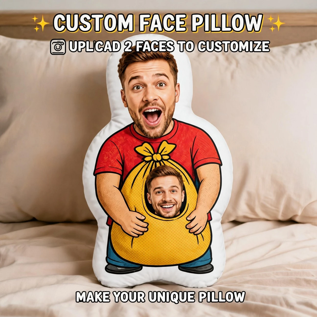 Custom Face Funny Shaped Pillow, Personalized Photo Man Holding Gift Bag Decorative Cushion, Unique Home Decor Accent for Sofa &