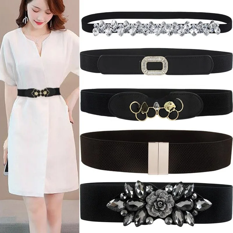 エレガントなブラッククリスタルウエストベルト女性のファッショナブルな弾性装飾ベルトドレスコート用シンプル多用途痩身ウエスト