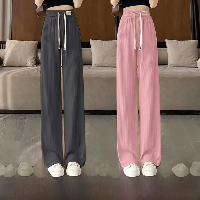 

Летние легкие брюки с высокой талией, струящиеся, повседневные, женские, из ледяного шелка, с охлаждающим эффектом, дышащие, быстросохнущие, цветные.