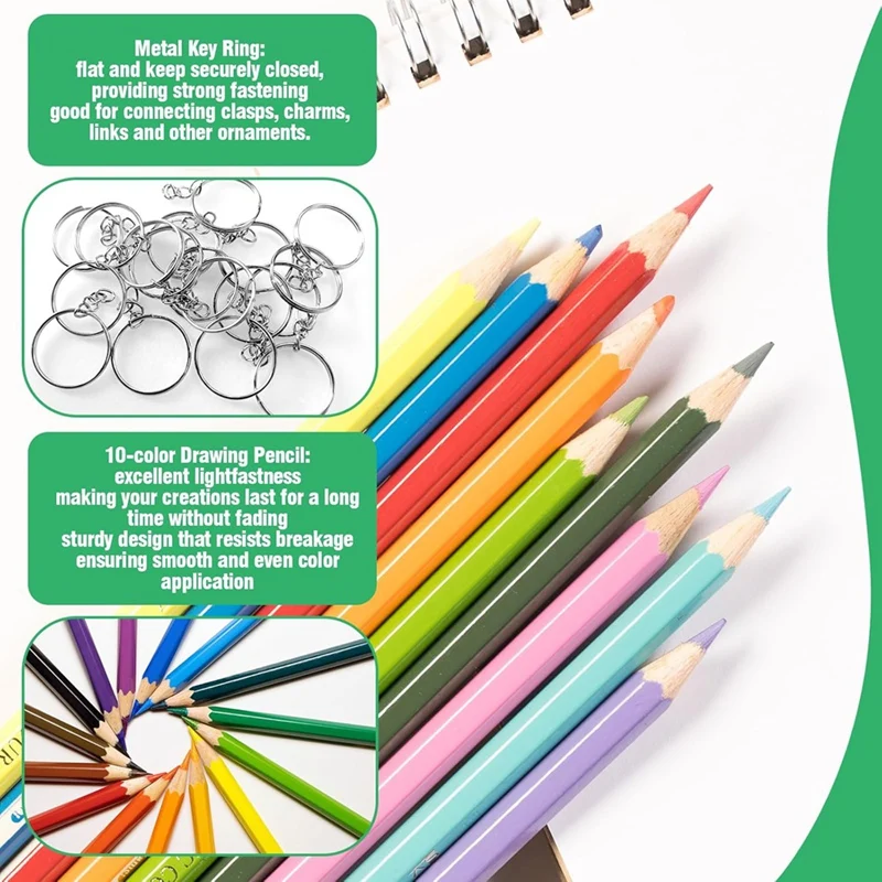 طقم صفائح بلاستيكية يتقلص مع أوراق فارغة ، ورق فني مقلقل ، أقلام ملونة ، سلاسل مفاتيح ، خطافات قرط ، صياغة