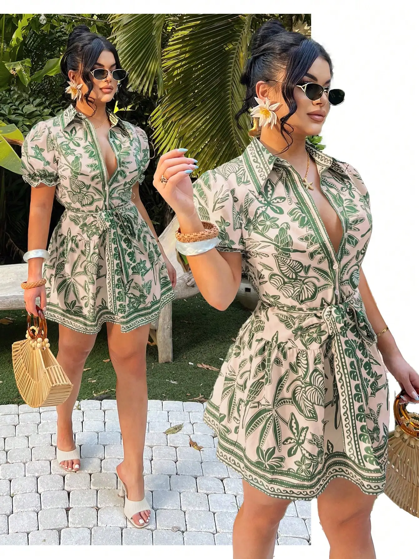 

Женское платье-рубашка с принтом зеленых листьев и завязками спереди, летнее платье А-силуэта с короткими рукавами