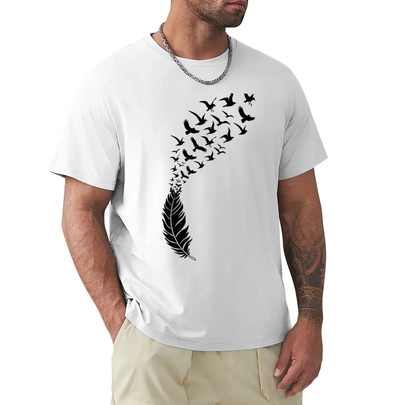 Black feather with flying birds T-Shirt tees oversized men t shirt oversized quick drying mens t shirt graphic