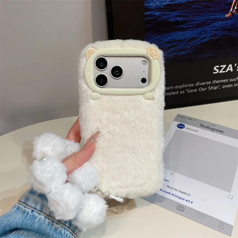 Luxury Solid Colors Furry Plush Phone Case For iPhone 17 Air 16 15 14 12 13 11 Pro Max With Lanyard Shockproof Protective Cover view 4