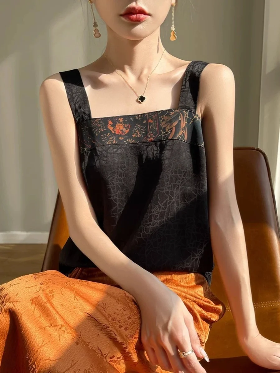 เสื้อกล้ามผ้าไหมจีน สายเดี่ยว คอเหลี่ยม สำหรับผู้หญิง เสื้อซับใน เสื้อยืดผ้าไหมเนื้อนุ่ม แฟชั่นฤดูร้อน